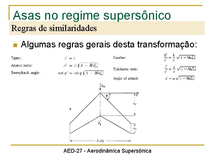 Asas no regime supersônico Regras de similaridades n Algumas regras gerais desta transformação: AED-27