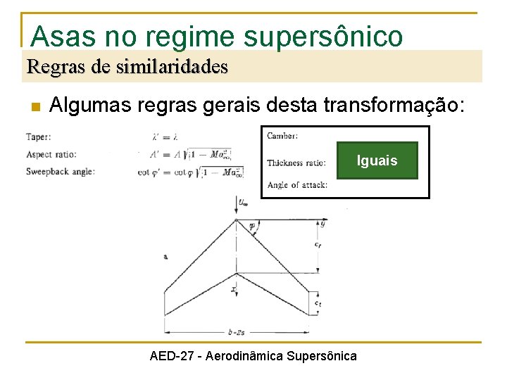 Asas no regime supersônico Regras de similaridades n Algumas regras gerais desta transformação: Iguais