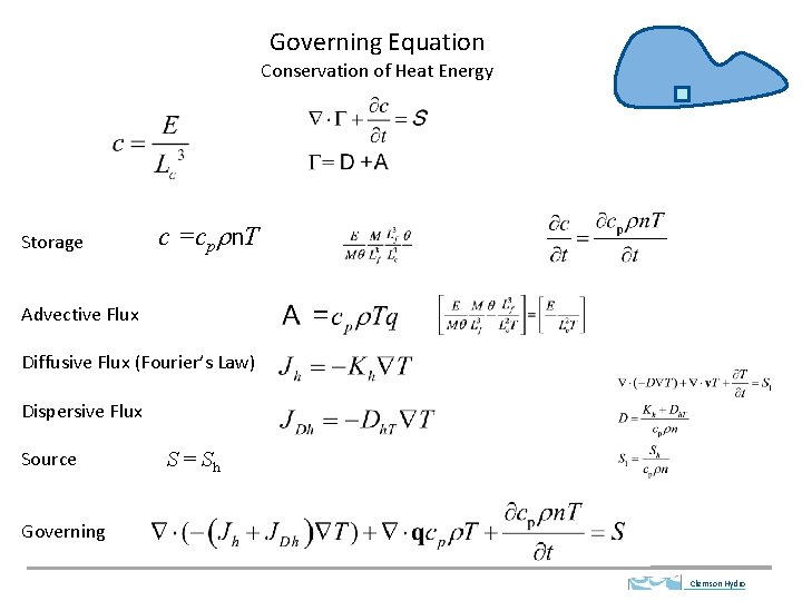 Governing Equation Conservation of Heat Energy Storage c =cprn. T Advective Flux Diffusive Flux