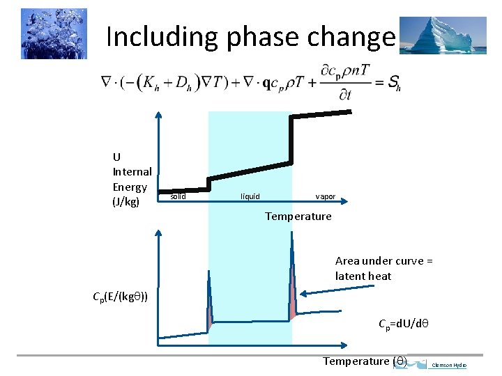 Including phase change U Internal Energy (J/kg) solid liquid vapor Temperature Area under curve