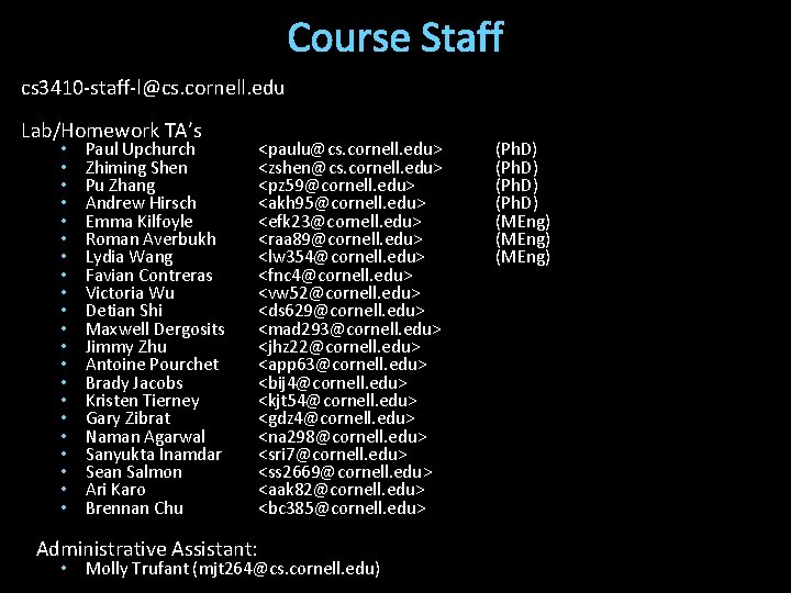 Course Staff cs 3410 -staff-l@cs. cornell. edu Lab/Homework TA’s • • • • •