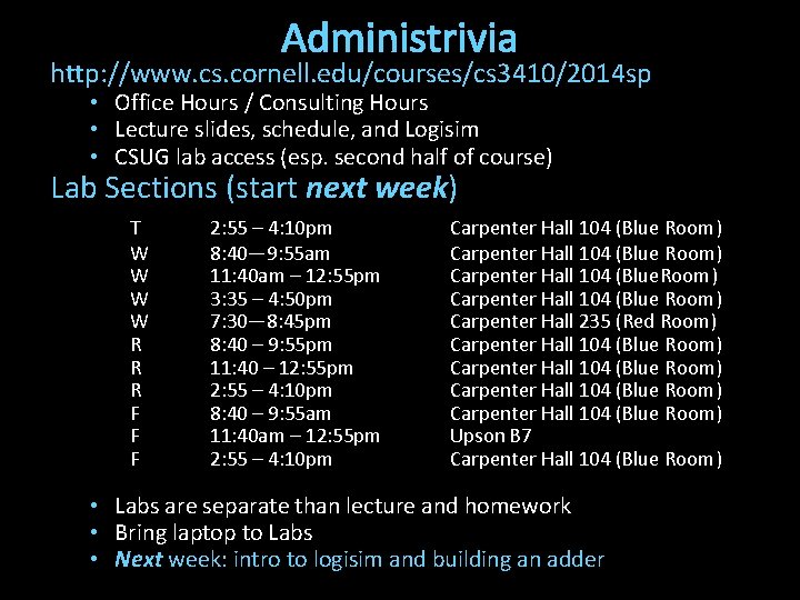 Administrivia http: //www. cs. cornell. edu/courses/cs 3410/2014 sp • Office Hours / Consulting Hours