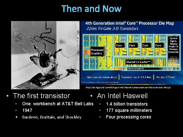 Then and Now http: //techguru 3 d. com/4 th-gen-intel-haswell-processors-architecture-and-lineup/ • The first transistor •