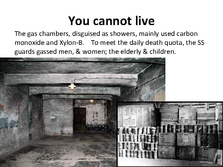 You cannot live The gas chambers, disguised as showers, mainly used carbon monoxide and You cannot live The gas chambers, disguised as showers, mainly used carbon monoxide and