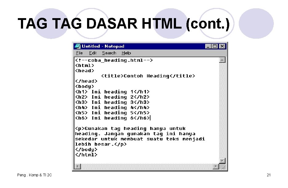 TAG DASAR HTML (cont. ) Peng. Komp & TI 2 C 21 