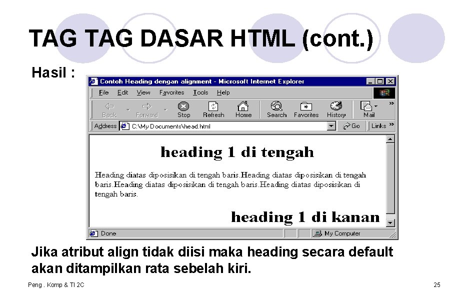 TAG DASAR HTML (cont. ) Hasil : Jika atribut align tidak diisi maka heading