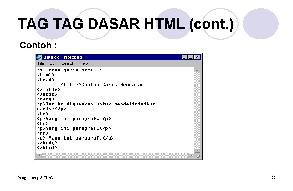 TAG DASAR HTML (cont. ) Contoh : Peng. Komp & TI 2 C 27