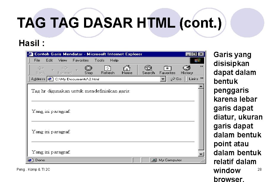 TAG DASAR HTML (cont. ) Hasil : Peng. Komp & TI 2 C Garis