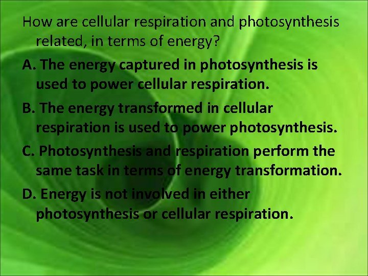 How are cellular respiration and photosynthesis related, in terms of energy? A. The energy