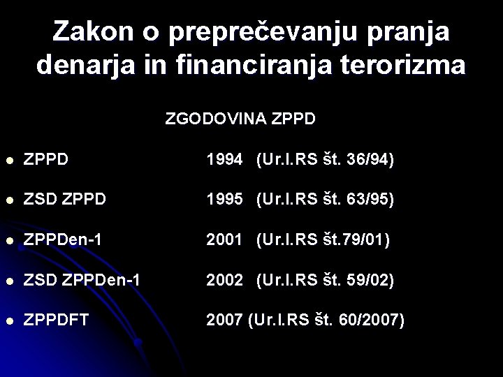 Zakon o preprečevanju pranja denarja in financiranja terorizma ZGODOVINA ZPPD l ZPPD 1994 (Ur.