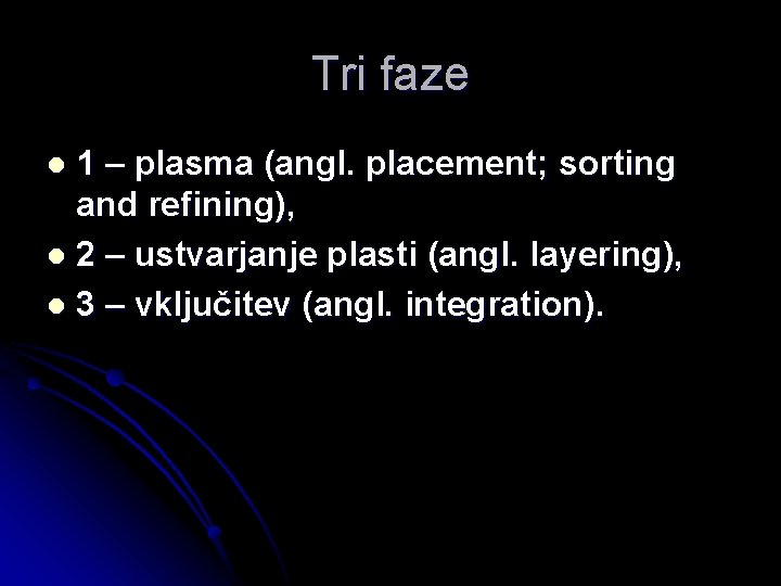 Tri faze 1 – plasma (angl. placement; sorting and refining), l 2 – ustvarjanje