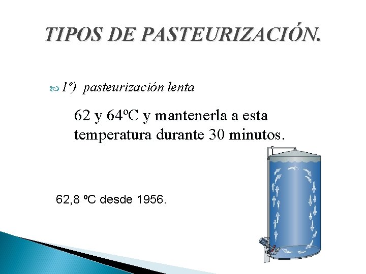 TIPOS DE PASTEURIZACIÓN. 1º) pasteurización lenta 62 y 64ºC y mantenerla a esta temperatura