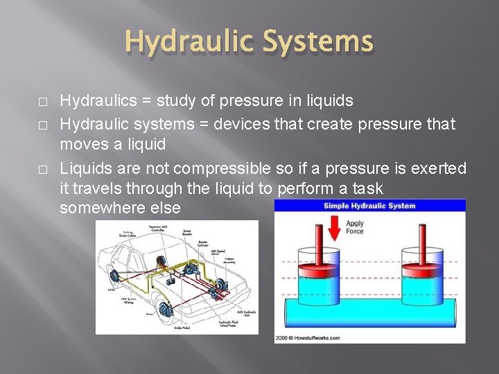 Hydraulic Systems � � � Hydraulics = study of pressure in liquids Hydraulic systems