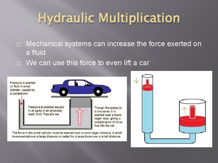 Hydraulic Multiplication � � Mechanical systems can increase the force exerted on a fluid