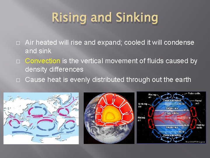 Rising and Sinking � � � Air heated will rise and expand; cooled it