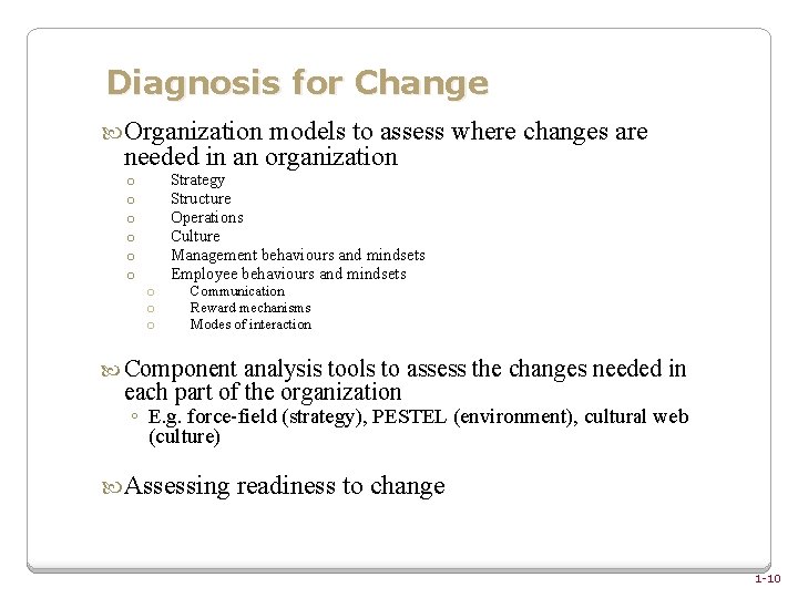 Diagnosis for Change Organization models to assess where changes are needed in an organization