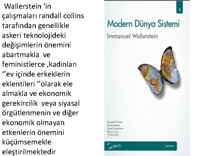 Wallerstein ‘in çalışmaları randall collins tarafından genellikle askeri teknolojideki değişimlerin önemini abartmakla ve feministlerce