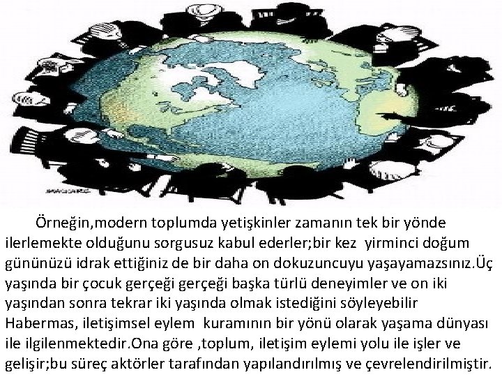 Örneğin, modern toplumda yetişkinler zamanın tek bir yönde ilerlemekte olduğunu sorgusuz kabul ederler; bir