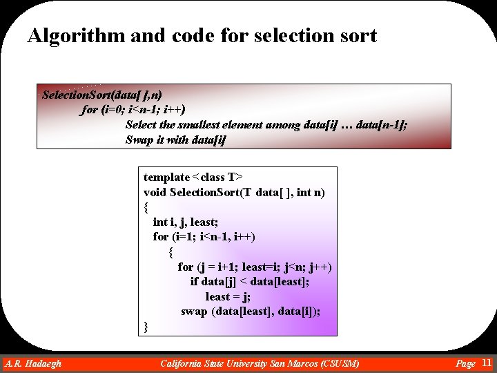 Algorithm and code for selection sort Selection. Sort(data[ ], n) for (i=0; i<n-1; i++)