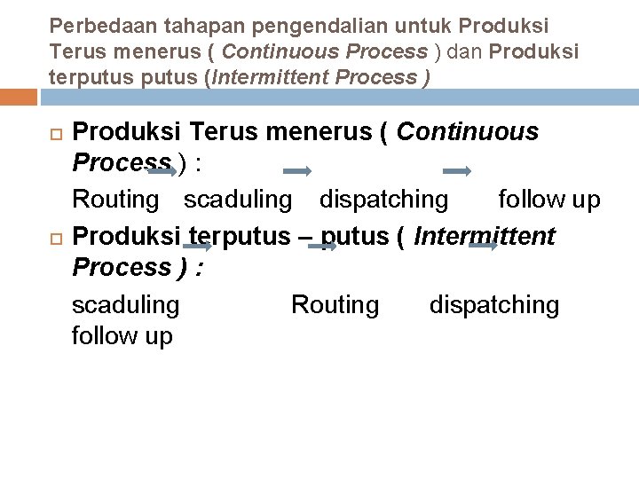 Perbedaan tahapan pengendalian untuk Produksi Terus menerus ( Continuous Process ) dan Produksi terputus