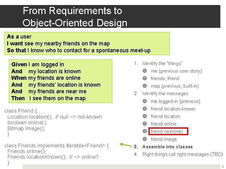 From Requirements to Object-Oriented Design As a user I want see my nearby friends From Requirements to Object-Oriented Design As a user I want see my nearby friends