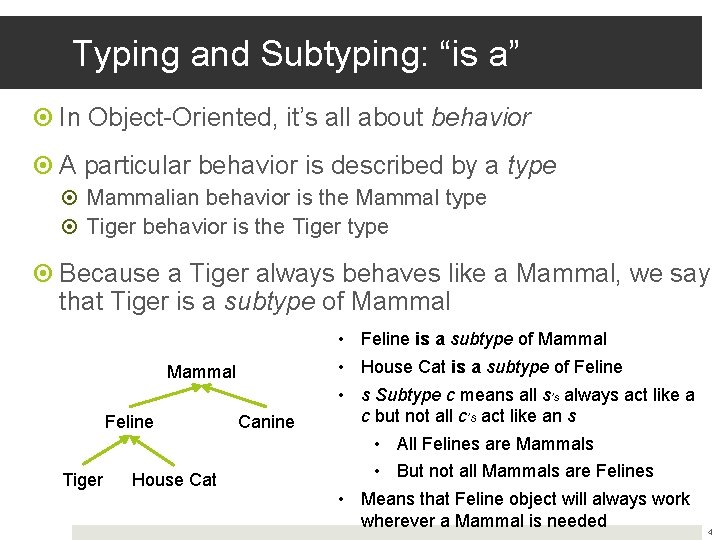 Typing and Subtyping: “is a” In Object-Oriented, it’s all about behavior A particular behavior Typing and Subtyping: “is a” In Object-Oriented, it’s all about behavior A particular behavior