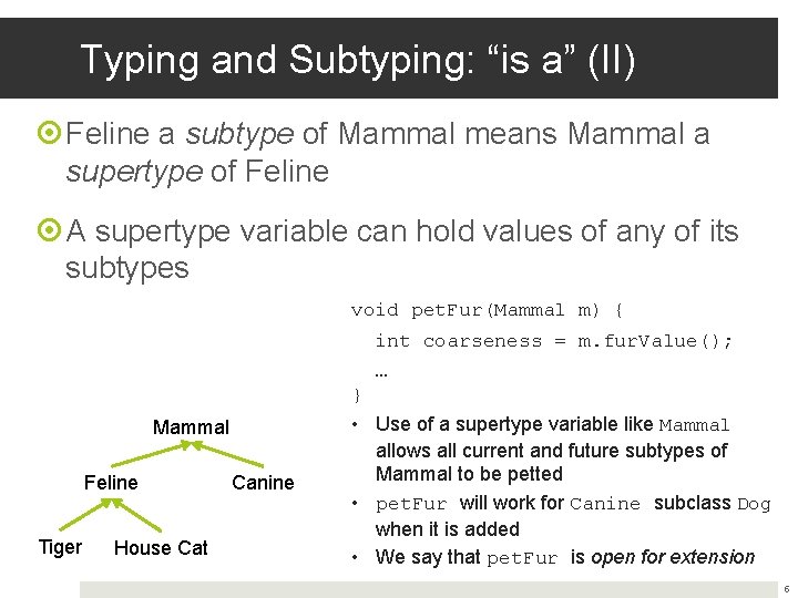Typing and Subtyping: “is a” (II) Feline a subtype of Mammal means Mammal a Typing and Subtyping: “is a” (II) Feline a subtype of Mammal means Mammal a