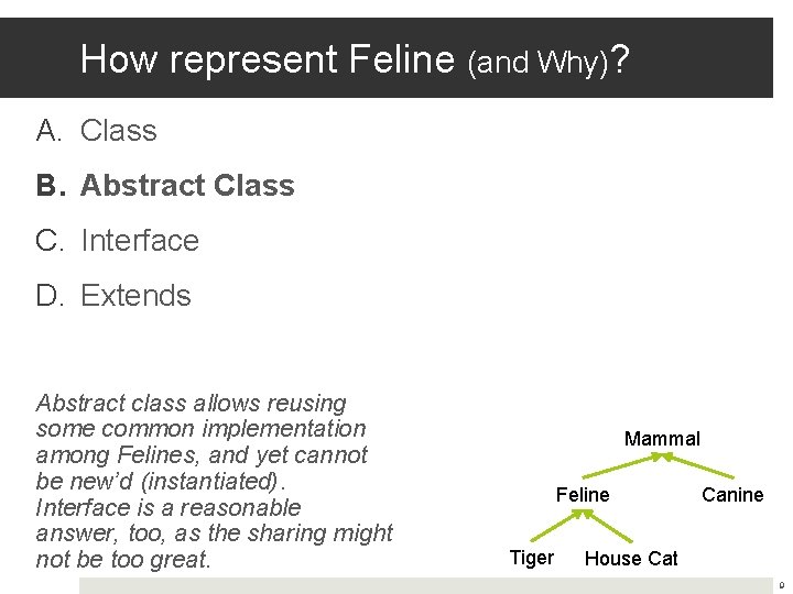 How represent Feline (and Why)? A. Class B. Abstract Class C. Interface D. Extends How represent Feline (and Why)? A. Class B. Abstract Class C. Interface D. Extends