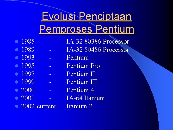 Evolusi Penciptaan Pemproses Pentium l l l l l 1985 1989 1993 1995 1997
