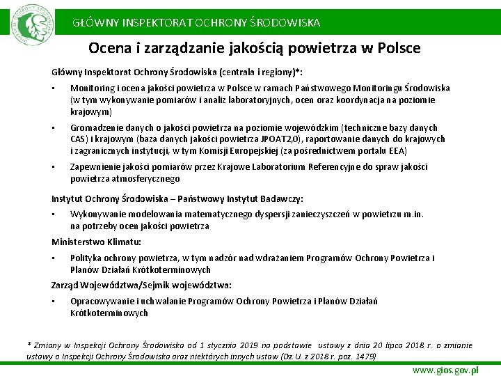  GŁÓWNY INSPEKTORAT OCHRONY ŚRODOWISKA Ocena i zarządzanie jakością powietrza w Polsce Główny Inspektorat