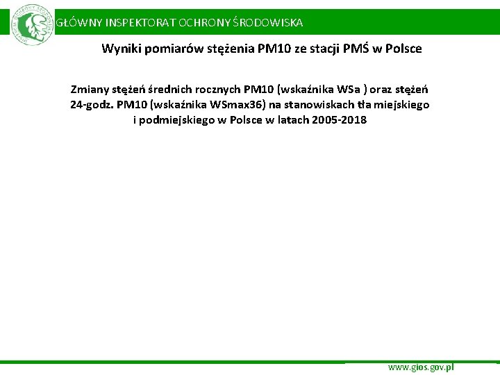  GŁÓWNY INSPEKTORAT OCHRONY ŚRODOWISKA Wyniki pomiarów stężenia PM 10 ze stacji PMŚ w