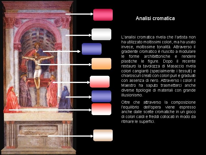 La tavolozza di Masaccio Analisi cromatica L’analisi cromatica rivela che l’artista non ha utilizzato