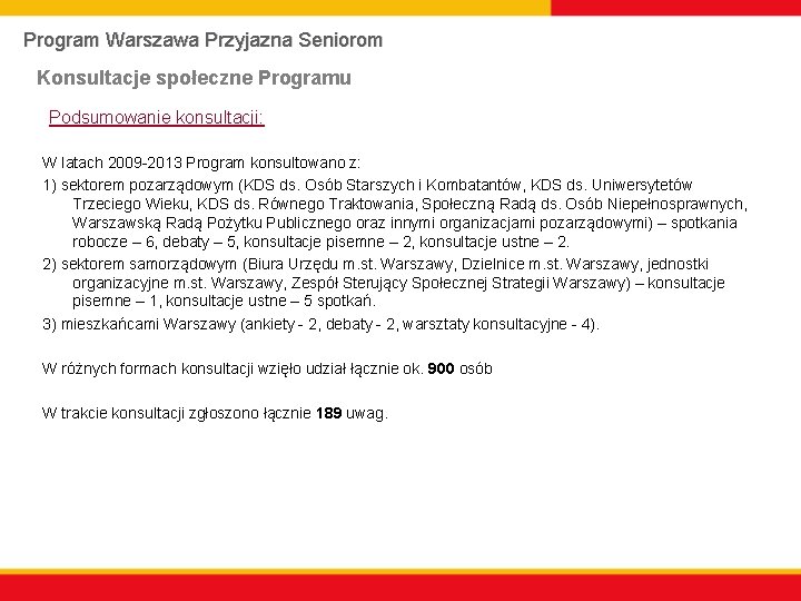 Program Warszawa Przyjazna Seniorom Konsultacje społeczne Programu Podsumowanie konsultacji: W latach 2009 -2013 Program