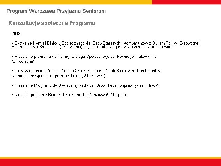 Program Warszawa Przyjazna Seniorom Konsultacje społeczne Programu 2012 • Spotkanie Komisji Dialogu Społecznego ds.