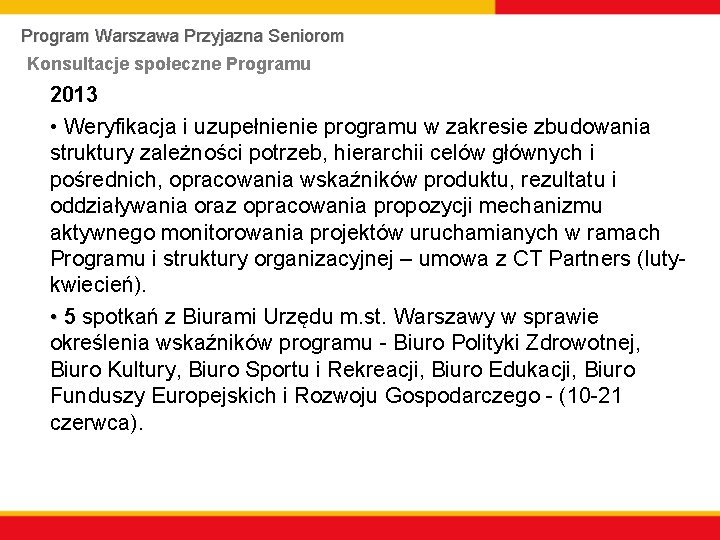 Program Warszawa Przyjazna Seniorom Konsultacje społeczne Programu 2013 • Weryfikacja i uzupełnienie programu w