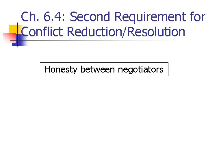 Ch. 6. 4: Second Requirement for Conflict Reduction/Resolution Honesty between negotiators 