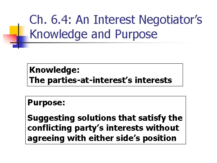 Ch. 6. 4: An Interest Negotiator’s Knowledge and Purpose Knowledge: The parties-at-interest’s interests Purpose: