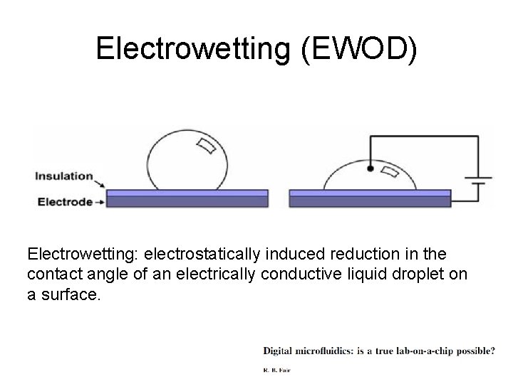 Electrowetting (EWOD) Electrowetting: electrostatically induced reduction in the contact angle of an electrically conductive