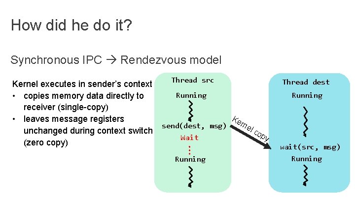 How did he do it? Synchronous IPC Rendezvous model Thread src Thread dest Running How did he do it? Synchronous IPC Rendezvous model Thread src Thread dest Running
