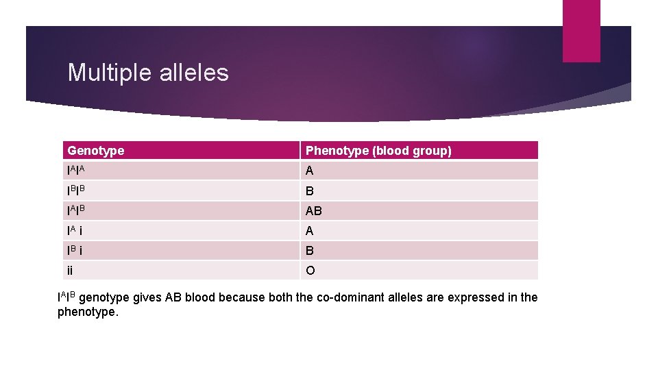 Multiple alleles Genotype Phenotype (blood group) IAIA A IBIB B IAIB AB IA i