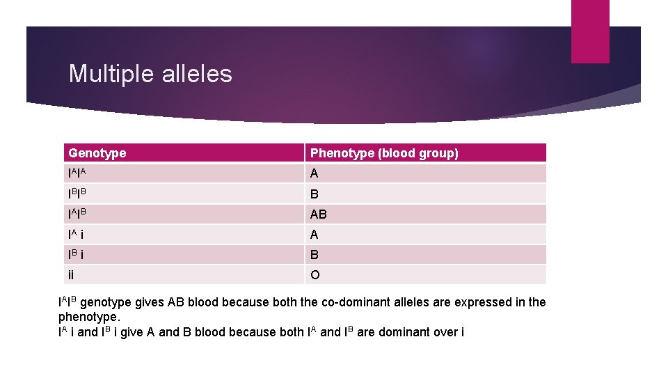 Multiple alleles Genotype Phenotype (blood group) IAIA A IBIB B IAIB AB IA i