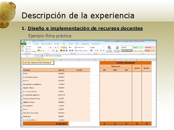 Descripción de la experiencia 1. Diseño e implementación de recursos docentes Ejemplo ficha práctica