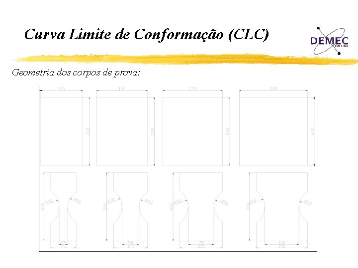Curva Limite de Conformação (CLC) Geometria dos corpos de prova: 
