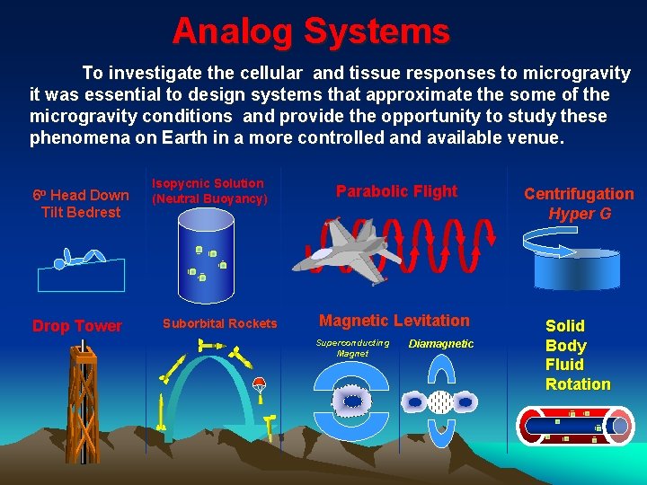 Analog Systems To investigate the cellular and tissue responses to microgravity it was essential