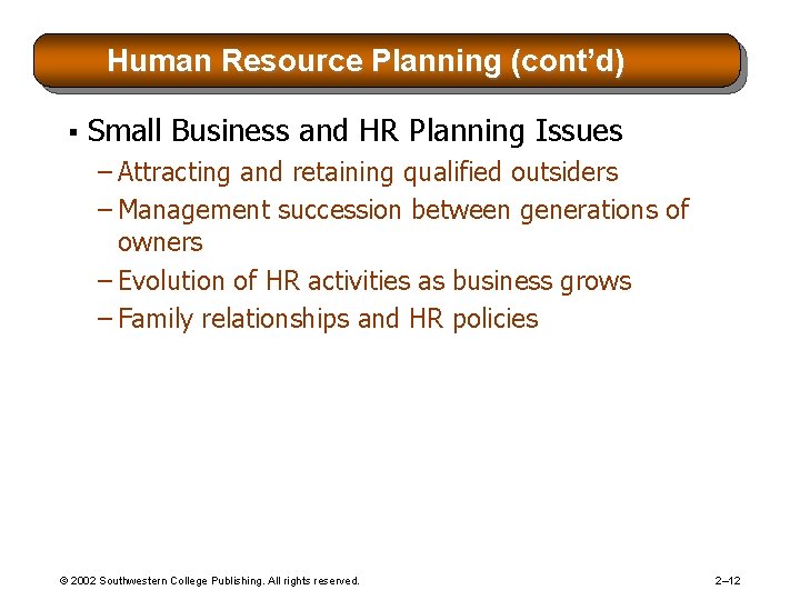 Human Resource Planning (cont’d) § Small Business and HR Planning Issues – Attracting and