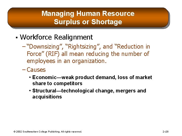 Managing Human Resource Surplus or Shortage § Workforce Realignment – “Downsizing”, “Rightsizing”, and “Reduction