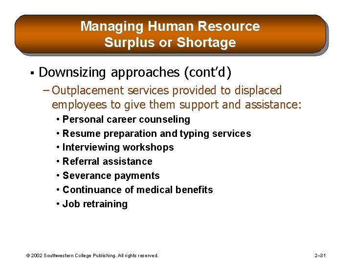 Managing Human Resource Surplus or Shortage § Downsizing approaches (cont’d) – Outplacement services provided