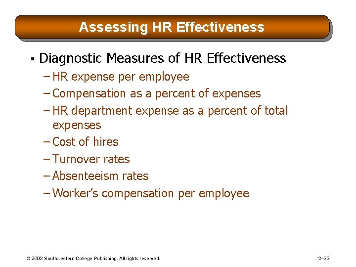 Assessing HR Effectiveness § Diagnostic Measures of HR Effectiveness – HR expense per employee