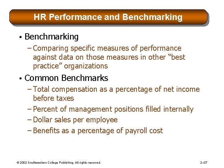 HR Performance and Benchmarking § Benchmarking – Comparing specific measures of performance against data HR Performance and Benchmarking § Benchmarking – Comparing specific measures of performance against data