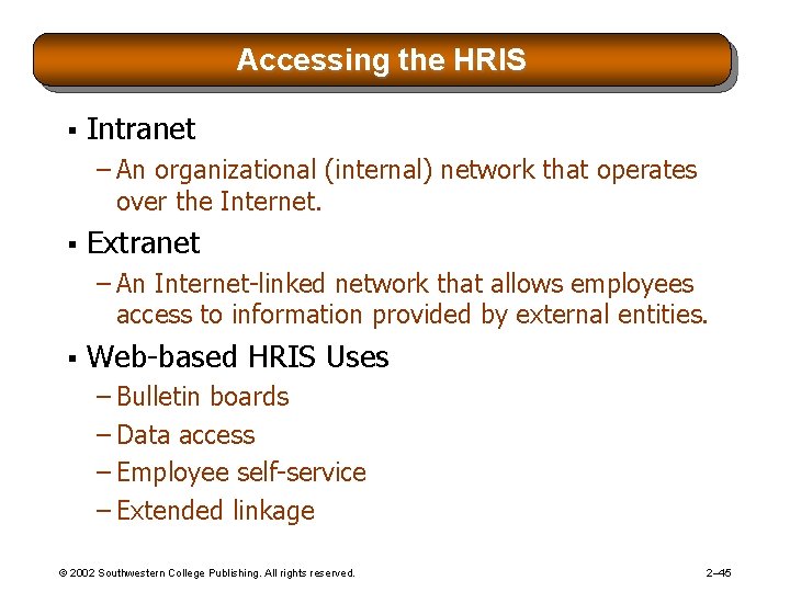 Accessing the HRIS § Intranet – An organizational (internal) network that operates over the